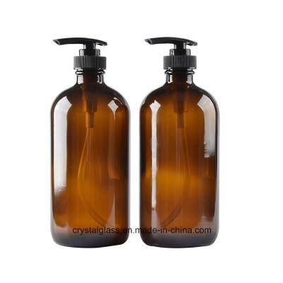 16oz Amber Round Glass Shampoo Bottle with Punp Cap