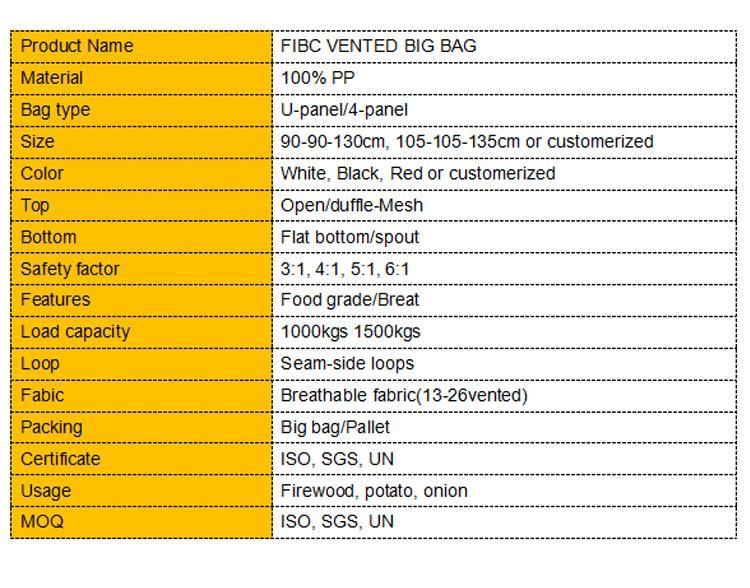 FIBC 500kg 750kg 1000kg Jumbo Ventilated Breathable Firewood Big Bag