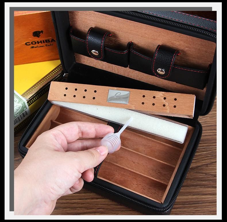Wholesale Cigarette Box Cedar Humidor Travel Leather Case Portable Leather Cigar Humidifier Case