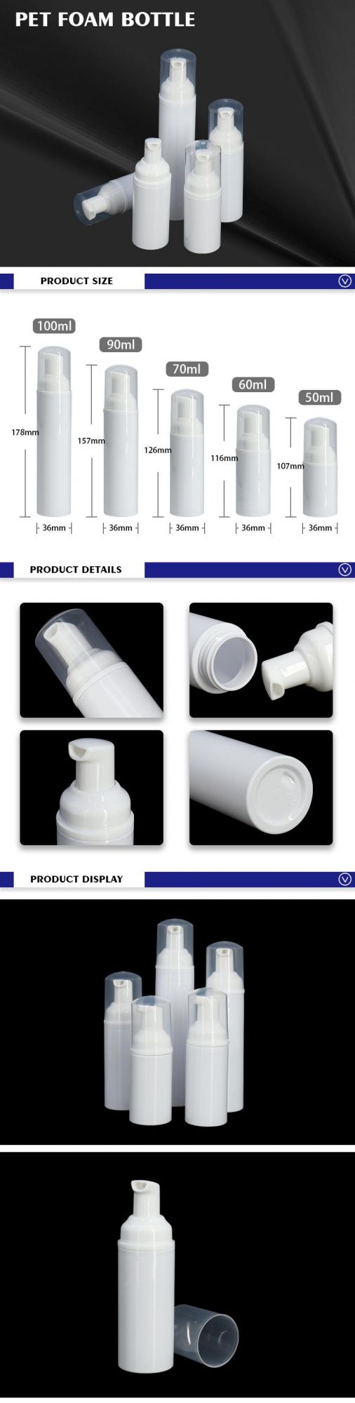 High Quality Foaming Hand Soap Pet Bottle 100ml 90ml 70ml 60ml 50ml Plastic Foaming Pump Bottles with Dispenser