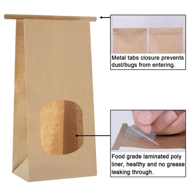 Square Block Bottom Tin Tie Paper Bag with Window for Food Bread Toast Packaging