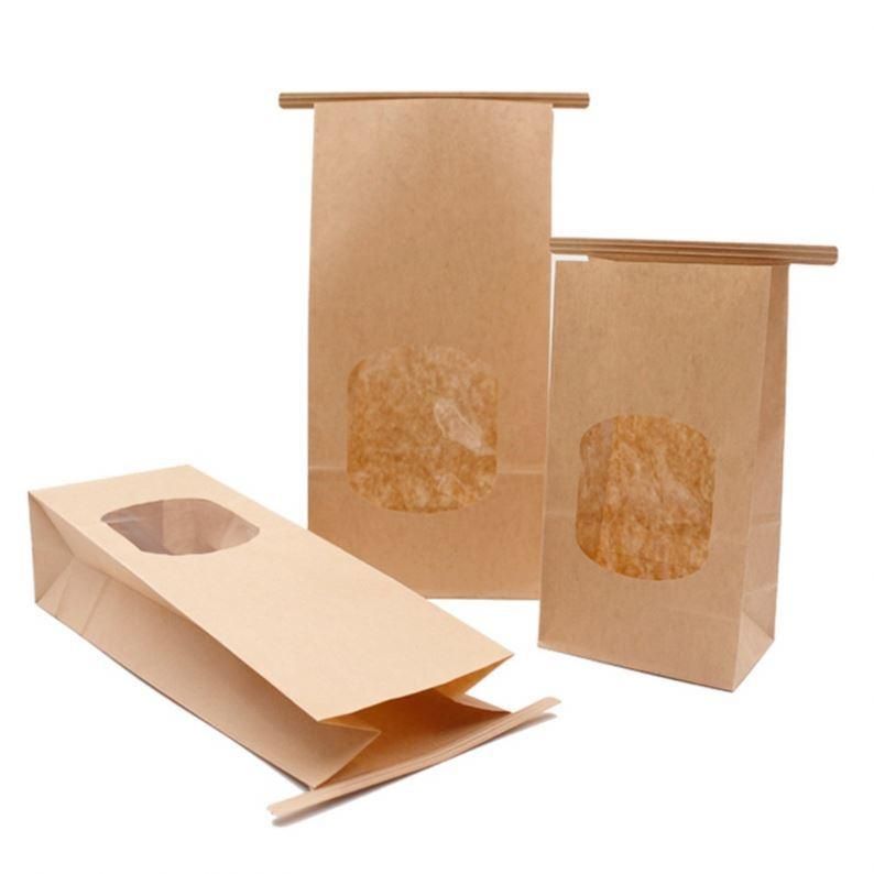 Plain Kraft Brown Paper Coffee Bags Flat Bottom Stand up Pouch with Window and Tin Tie