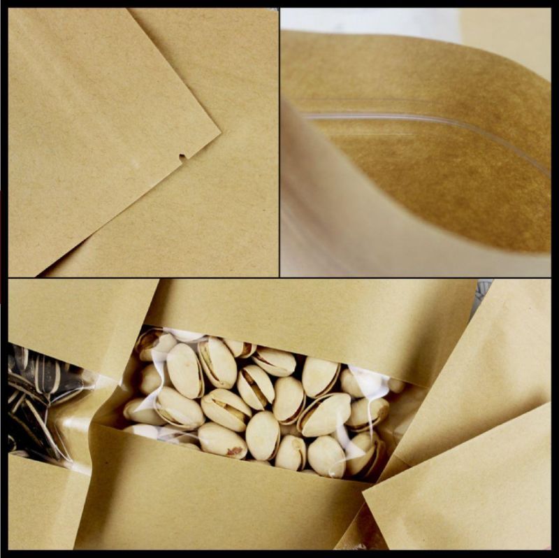 Customize Kraft Paper Flat Bags with Zipperand Clear Rectangle Window for Hemps Flower Powder Tea Snacks