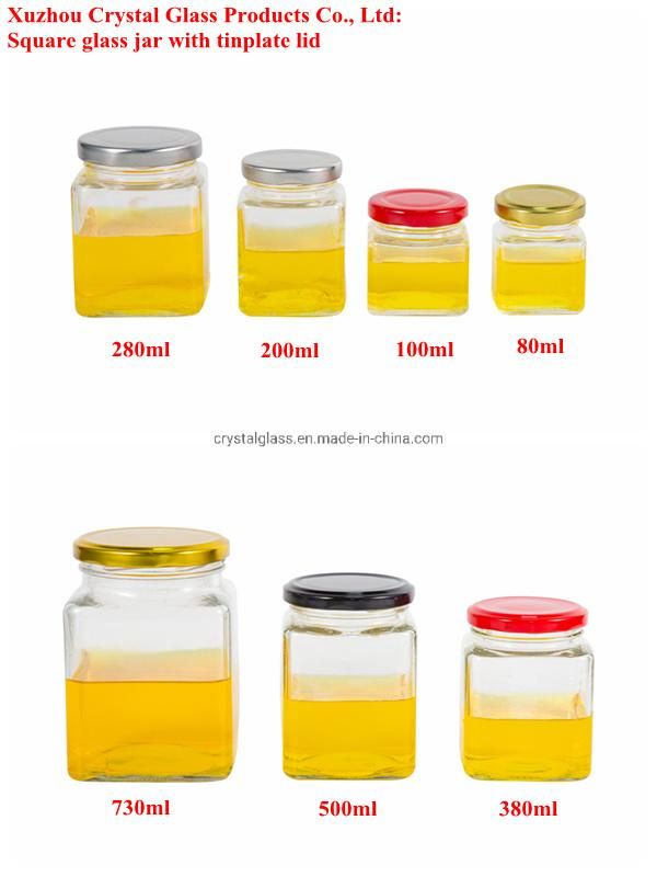 50ml 100ml 180ml 280ml 380ml 500ml 730ml Square Glass Honey Jam Jelly Hot Sauce Food Storage Jar with Twist off Lids