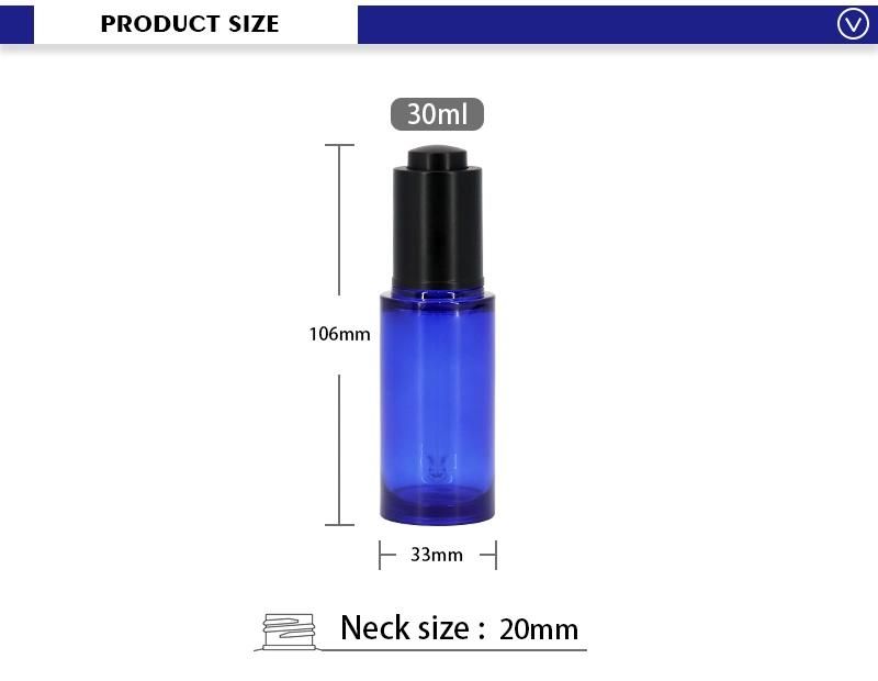 OEM Dark Blue 30ml PETG Round Essential Oil Dropper Bottle with Press Dropper Lotion Pump