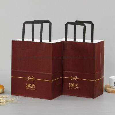 Catering Take-out Packaging Brown Kraft Paper Restaurant Advertisements Handle Bag with Custom Printed Logo