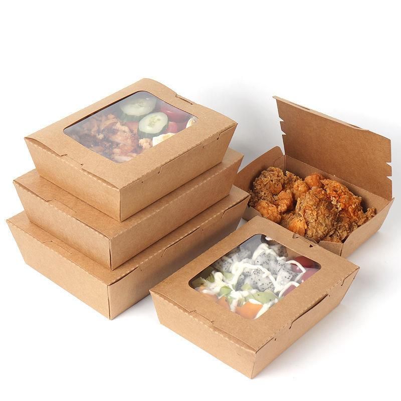 Wholesale Disposable Brown Kraft Paper Food Boxes with Transparent Window Lunch Fast Hot Food Container