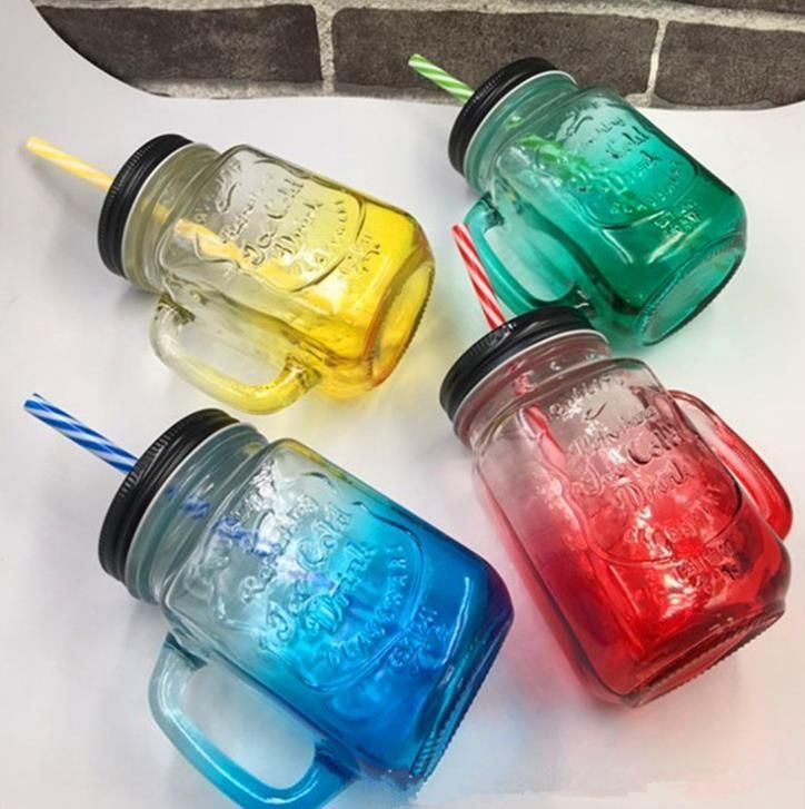 16oz Colorful Drinking Wide Mouth Creative Rooster Glass Mason Jar with Handle Straw Cup