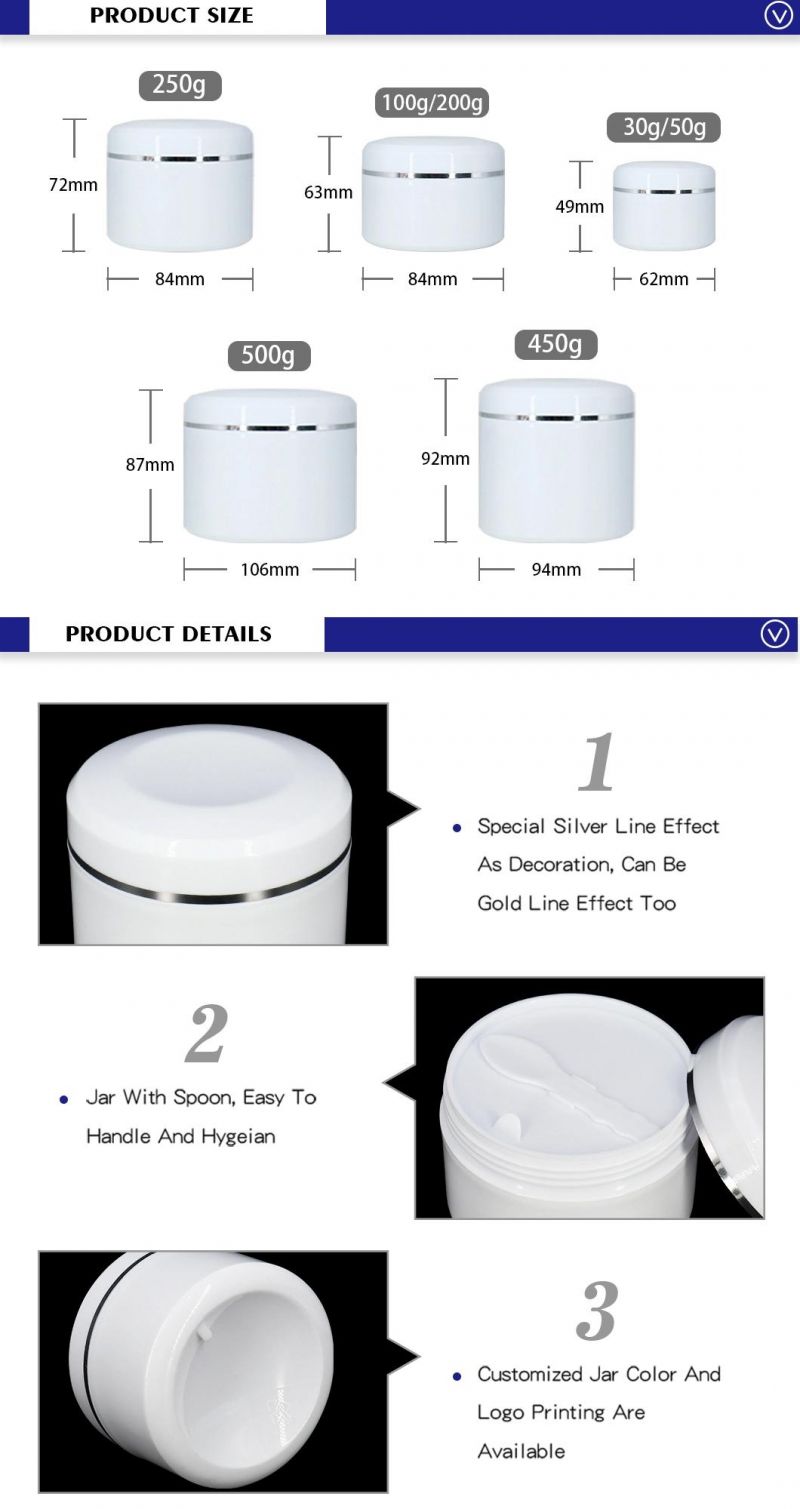 High Quality 30g 50g 100g 200g 250g 450g 500g White Empty Plastic Luxury Cosmetic Jars