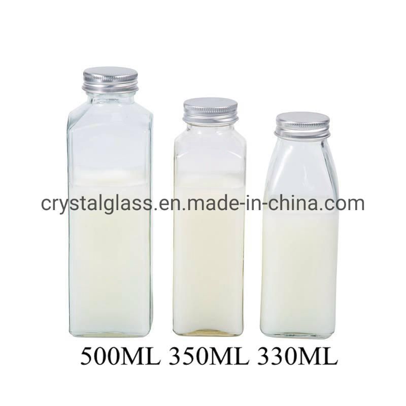 10oz 12oz 16oz 32oz French Square Glass Milk Bottle Juice Beverage Bottle with Plastic Tamperproof Cap/Lid 330ml