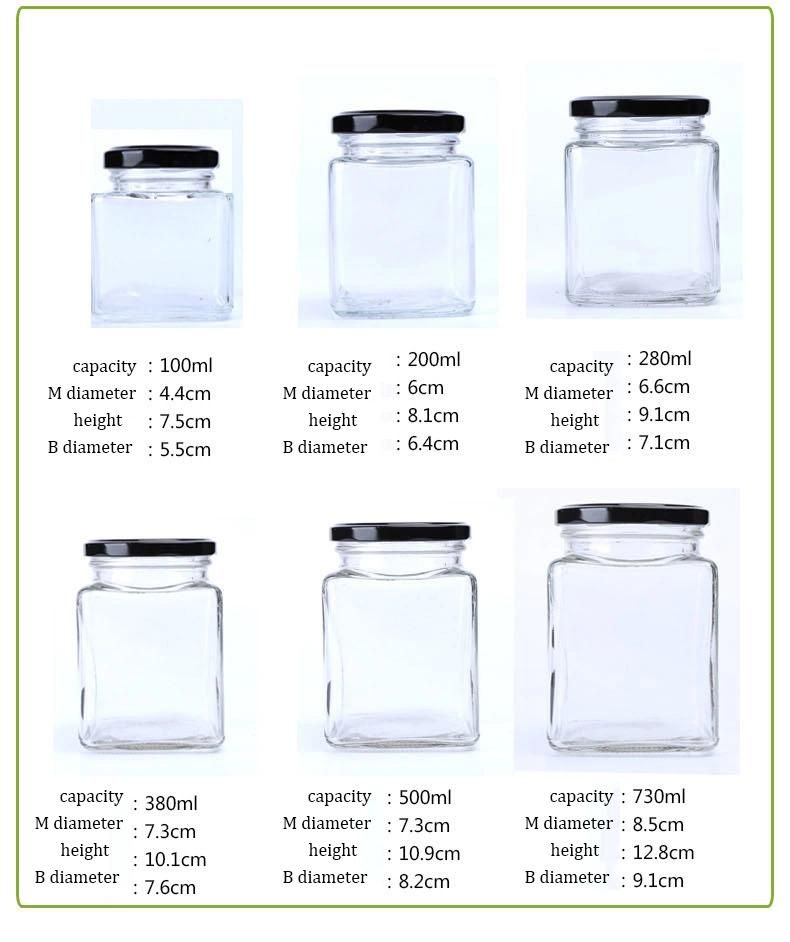Custom Clear Food Storage Glass Honey Square Glass Jar with Metal Lids