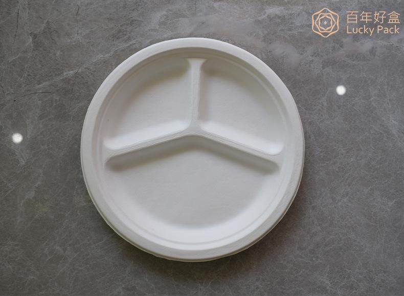 10 Inch Compostable 3 Compartment Biodegradable Tableware Sugarcane Bagasse Paper Round Plate