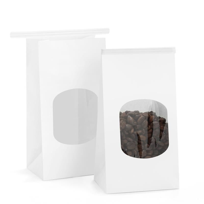 Square Block Flat Bottom Gusset Coffee Bean Tin Tie Dessert Kraft Paper Bag with Window