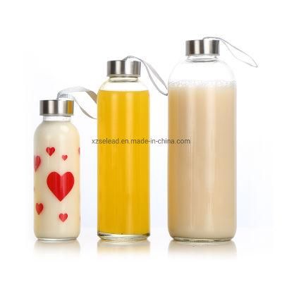 10 Oz 16 Oz Juice Beverages Clear Water Glass Bottle with Bamboo/Stainless Steel Leak-Proof Caps &amp; Sleeve 500 Ml Glass Water Bottle