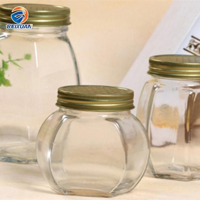 380ml Hexagonal Transparent Glass Honey Jar Glass Bottle with Tinplate Cover