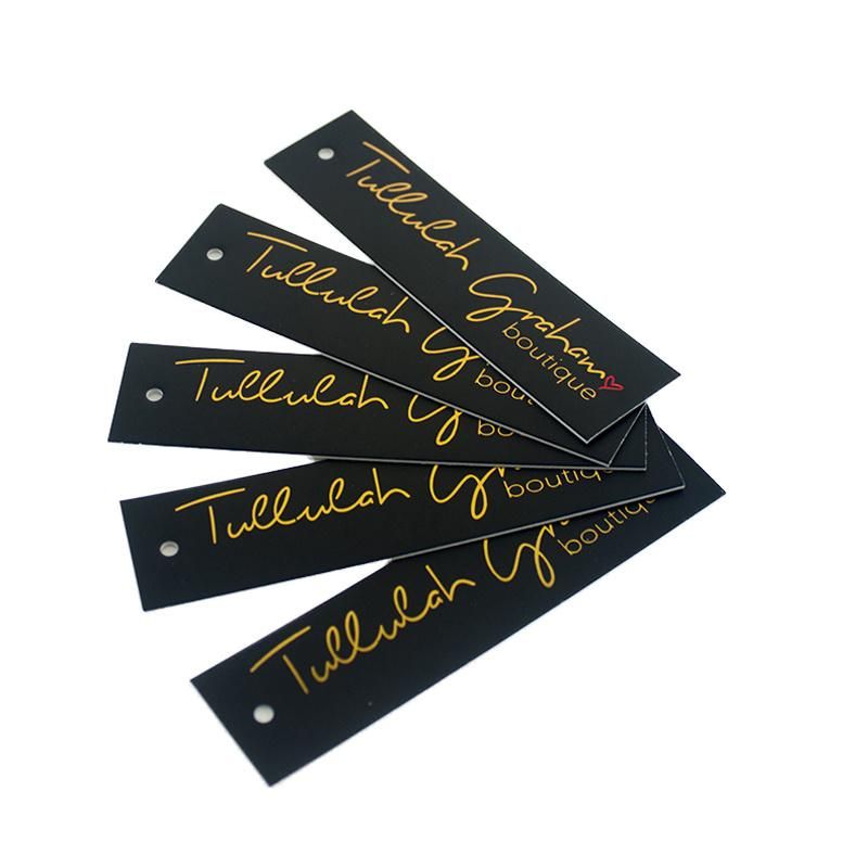 Custom Cardboard Paper Logo Gold Foil Hot Stamping Embossed Black Hang Tag