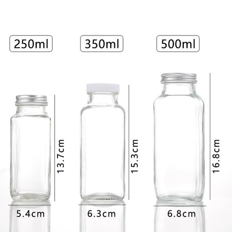 250ml 350ml 500ml 8oz 10oz 16oz Plastic Cap French Square Milk Clear Glass Bevera Bottle for Fresh Cold Pressed Juice