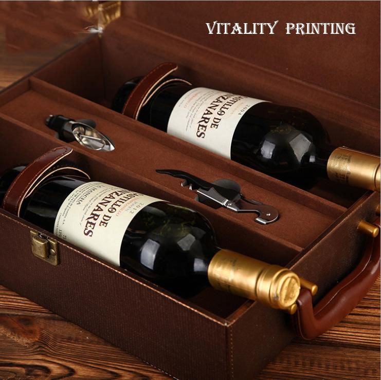 Custom Wholesale Rigid Wooden / PU Leather /Carboard Luxury Hand Carry Lock Display Christmas Wine Liquor Barware Storage Bottle Gift Packing Box