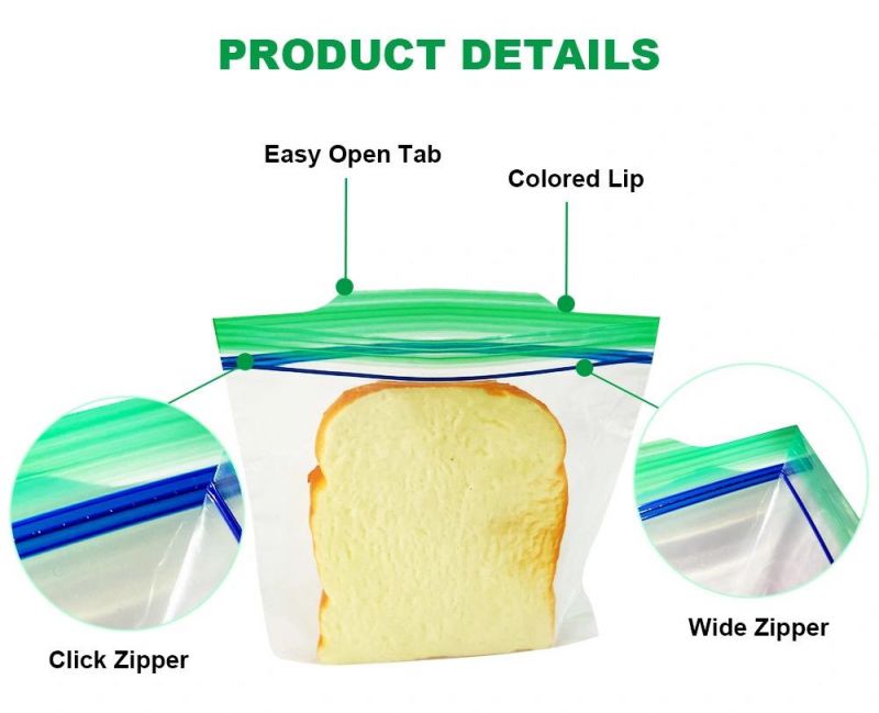 Colored Wider Zipper Sandwich Food Storage Plastic Bag with Green Lip