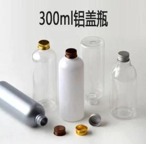 300ml Pet Plastic Round Shoulder Toner Cosmetic Shampoo Bottle with Aluminum Gold and Silver Screw Cap