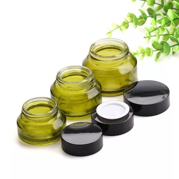 15g 30g 50g Olives Green Glass Cream Jars Cosmetic Packaging with Lid Black Plastic Caps & Inner Liners Round Empty Small Glass Jar Pot