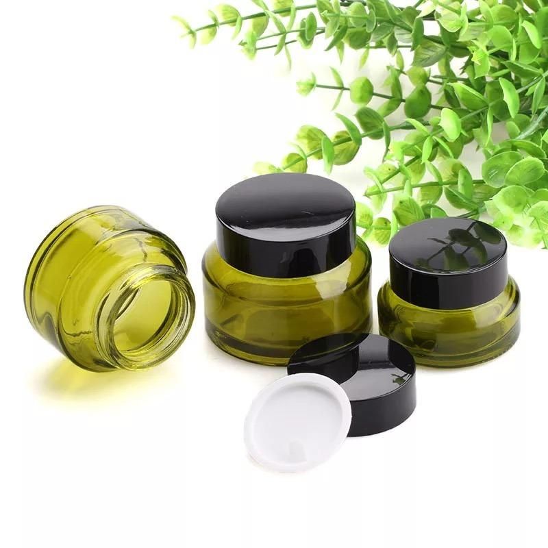 15g 30g 50g Olives Green Glass Cream Jars Cosmetic Packaging with Lid Black Plastic Caps & Inner Liners Round Empty Small Glass Jar Pot