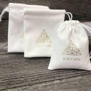 Custom Logo Printed Drawstring White Velvet Jewelry Pouch Bag