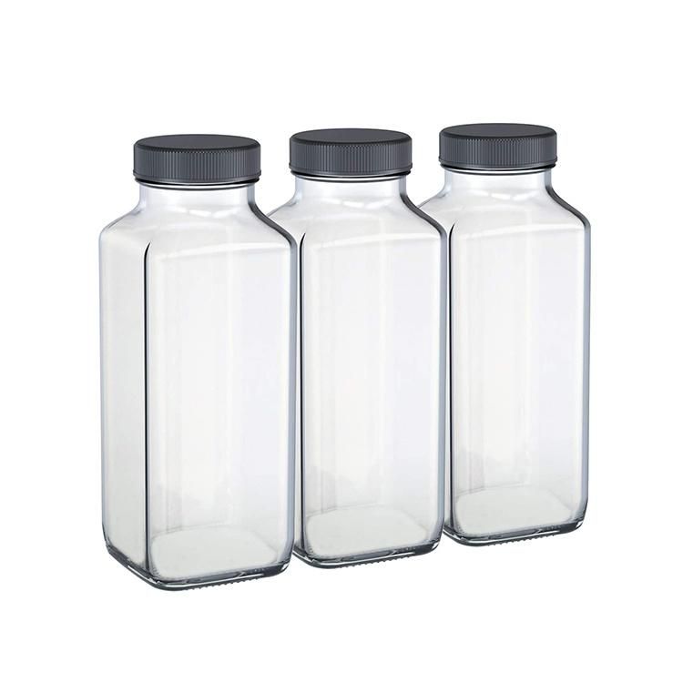 8 Oz Square Glass Bottle for Drink Clear Glass Material Juicer Bottle with Plastic Metal Lid