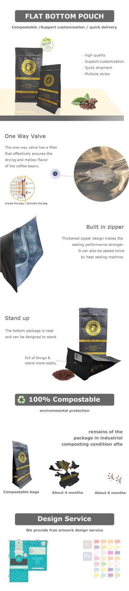 Compostable Custom Printed Kraft Paper Coffee Bag