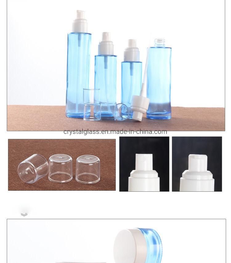 Blue Color Glass Bottle Set with Dpray and Cream Jar