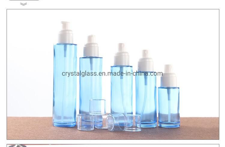 Blue Color Glass Bottle Set with Dpray and Cream Jar