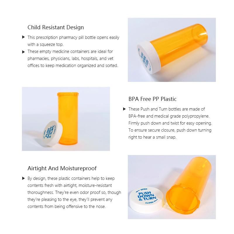 PP Plastic Capsule Pill Bottle Child Resistant Cap Push Down and Turn Vial Pharmacy Container