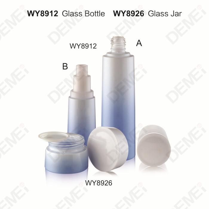 40/100/120ml 50g Cosmetic Skin Care Packaging Gradient Blue White Toner Lotion Glass Bottle and Cream Jar with White Cap