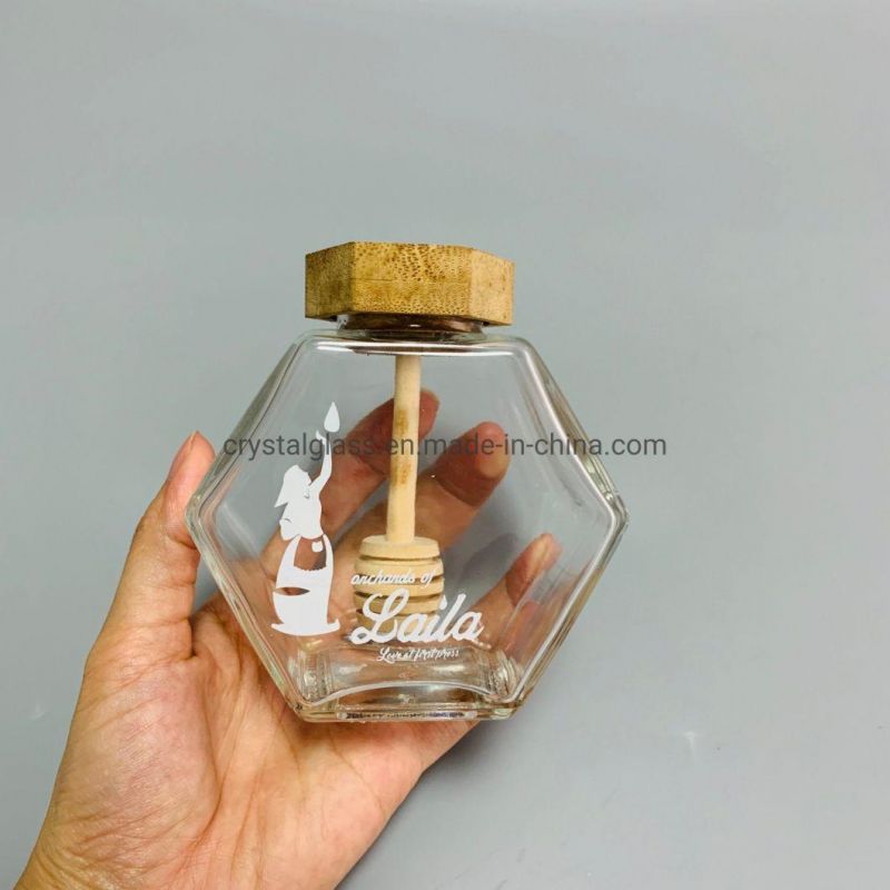 380ml 500g Food Grade BPA Free Glass Hexagonal Jar with Muddler for Honey Hot Sale