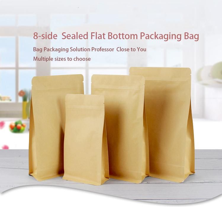 Wholesale Compostable Recyclable Zipper Lock Kraft Paper Aluminum Flat Bottom Coffee Tea Food Bag