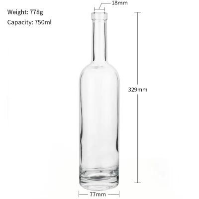 Custom Glass 750ml Whiskey Wine Container Bottle with Cork for Spirits Liquor Gin Brandy Vodka Rum