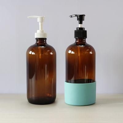 Sale 500ml 16oz Amber Boston Hand Sanitizer Dispenser Soap Glass Pump Bottle with Scale &amp; Silicone Sleeve