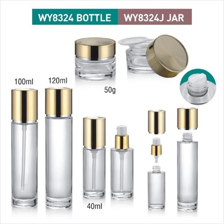 Glass Lotion Pump Bottle for Skin Care Toner Bottle with Aluminium Gold Pump and Cap Cosmetic Jar Set 40/50/100/120ml