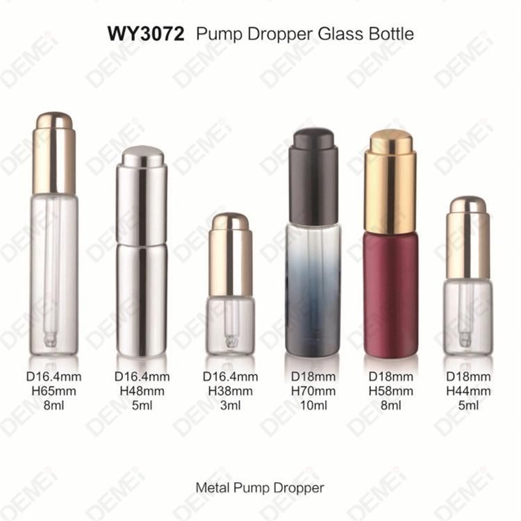 2ml-10ml Wholesale Cosmetic Packaging D16.4mm Stright Round Clear and Amber Serum Essential Oil Tube Glass Bottle with Gold Aluminum Press Button Dropper Cap