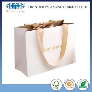 Golden Foil Logo White Artpaper Gift Craft Shopping Paper Bag with Ribbon Handles