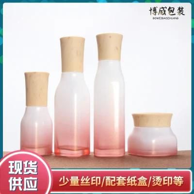 2019 Cosmetics Wood Grain Capping Bottles Lotion Fine Mist Spray Set Glass Bottle