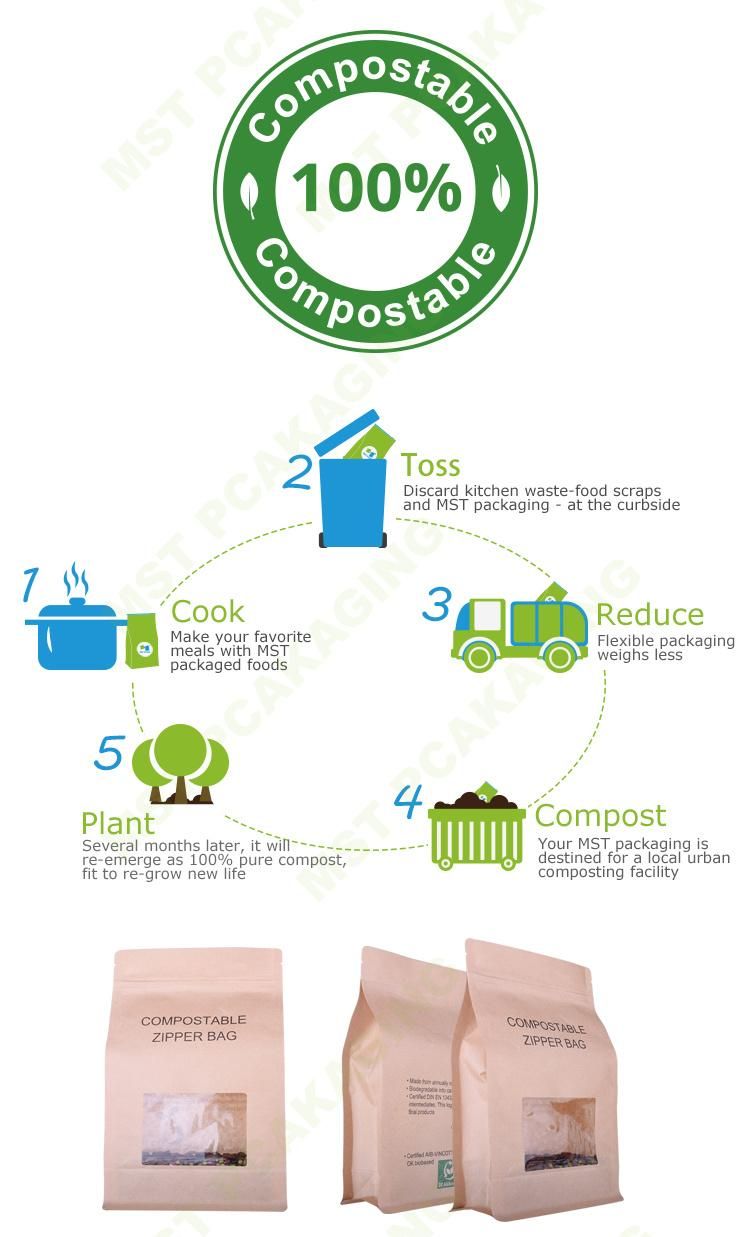 100% Compostable Biodegradable PLA Corn Starch Kraft Paper Coffee Bag with Zipper and Valve