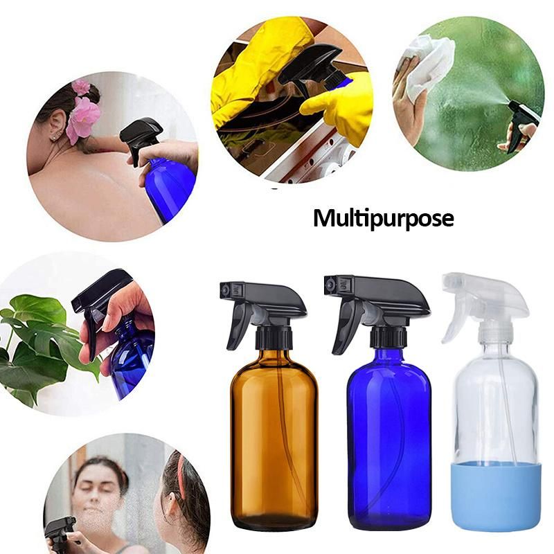 Custom 500ml 16oz Blue Boston Round Cleaning Trigger Glass Spray Bottle with Silicone Sleeve