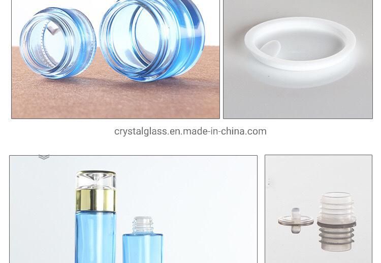 Blue Luxury Cosmetic Glass Bottle Set with Gold Caps