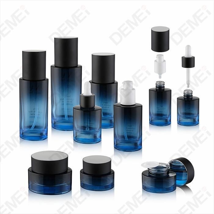 Custom Blue Glass Lotion Bottle with Black Plastic Pump and Cap