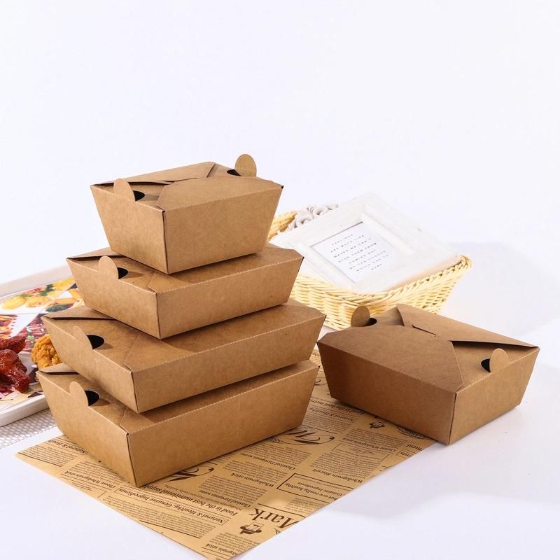 Wholesale Disposable Biodegradable Kraft Craft Paper Lunch Takeaway Box Folding Container for Fast Food Fried Chip Packaging