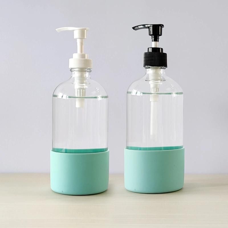 Supplier Boston Round 500ml 16oz Clear Hand Wash Shampoo Dispenser Soap Pump Glass Bottle with Silicone Sleeve