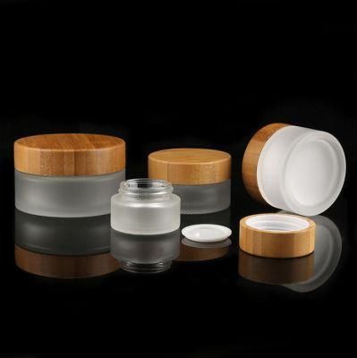 Hot Sale Cosmetic Face Cream Container 5ml 15ml 30ml 50ml 100ml Frosted Clear Glass Cream Jar with Bamboo Wood Cover