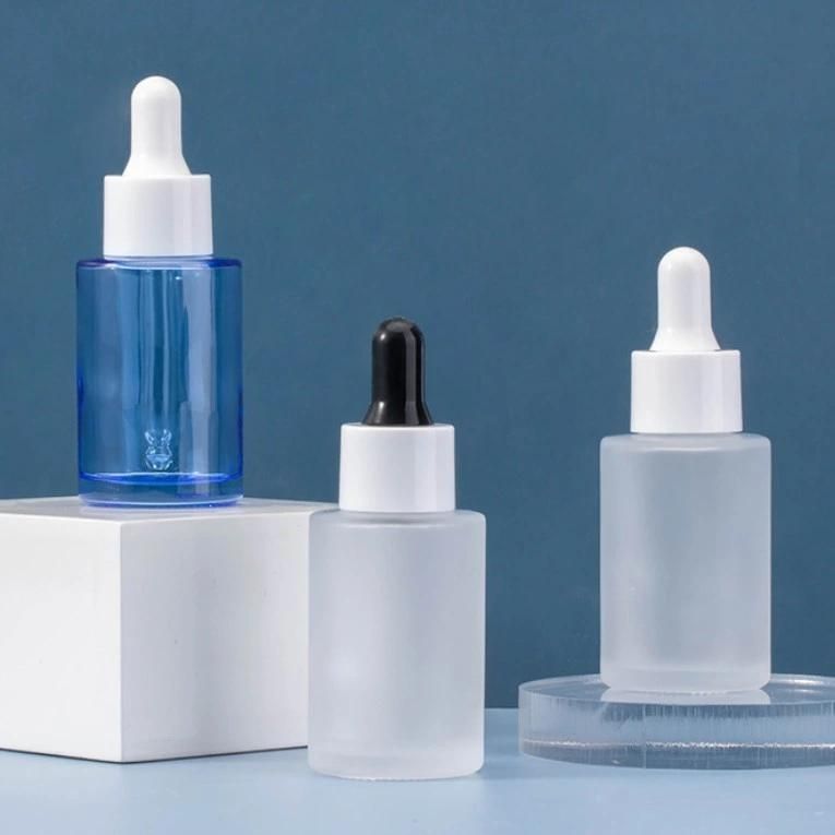 Cosmetics Plastic Bottles 50ml 30ml Flat Shoulder Round Shape Clear Frosted Serum Glass Dropper Bottle