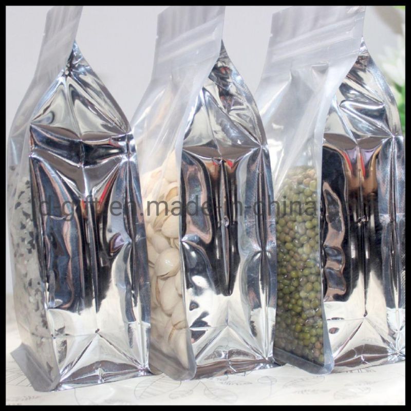 Wholesale Food Packaging Silver/Clear Square Bottom Gusseted Bags with Zip Lock for Food Dried Nuts Fruit Packing